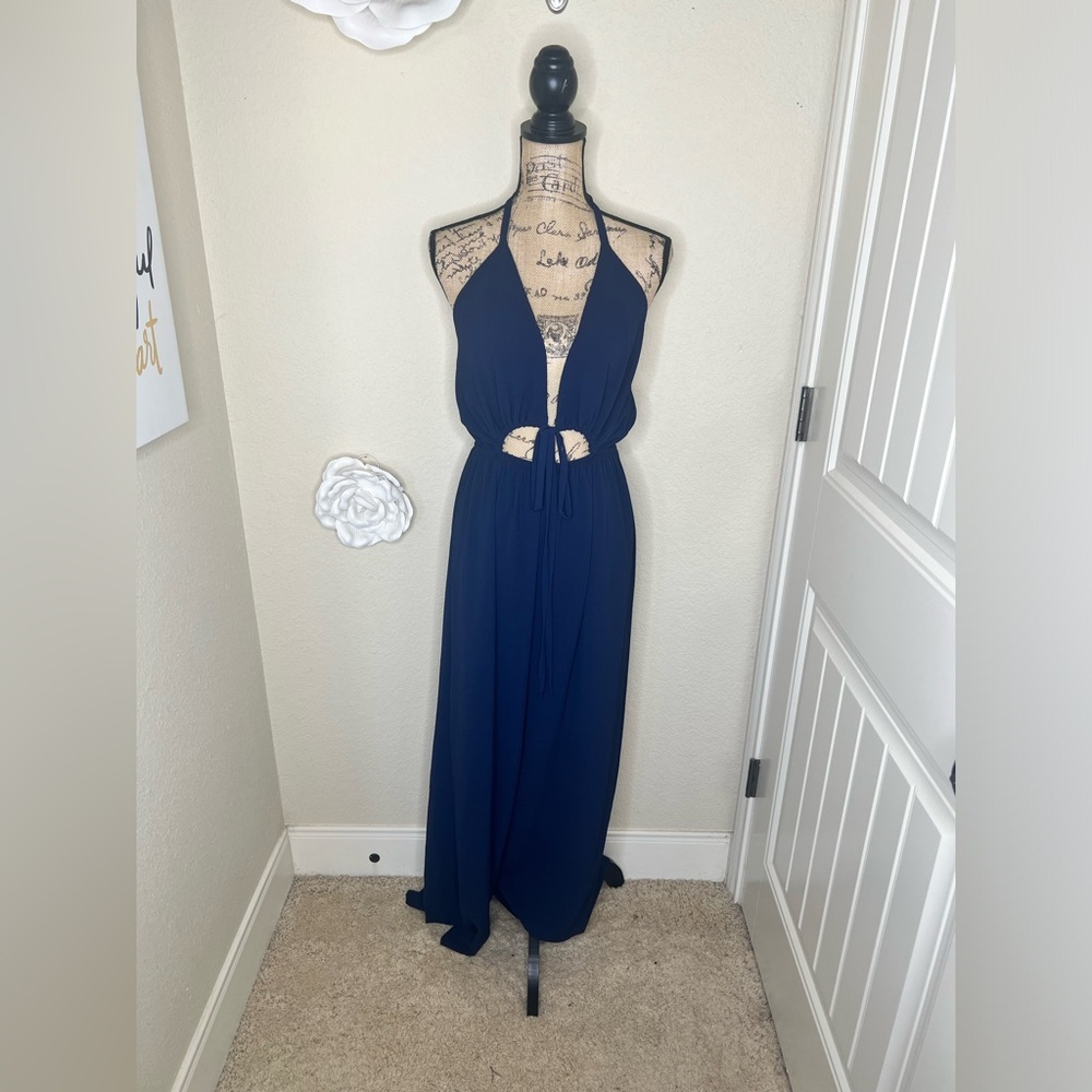 NTM: Tyche Navy Halter Cutout Wide-Leg Jumpsuit Flowy Boho Wear One-Piece Size L - Picture 2 of 16